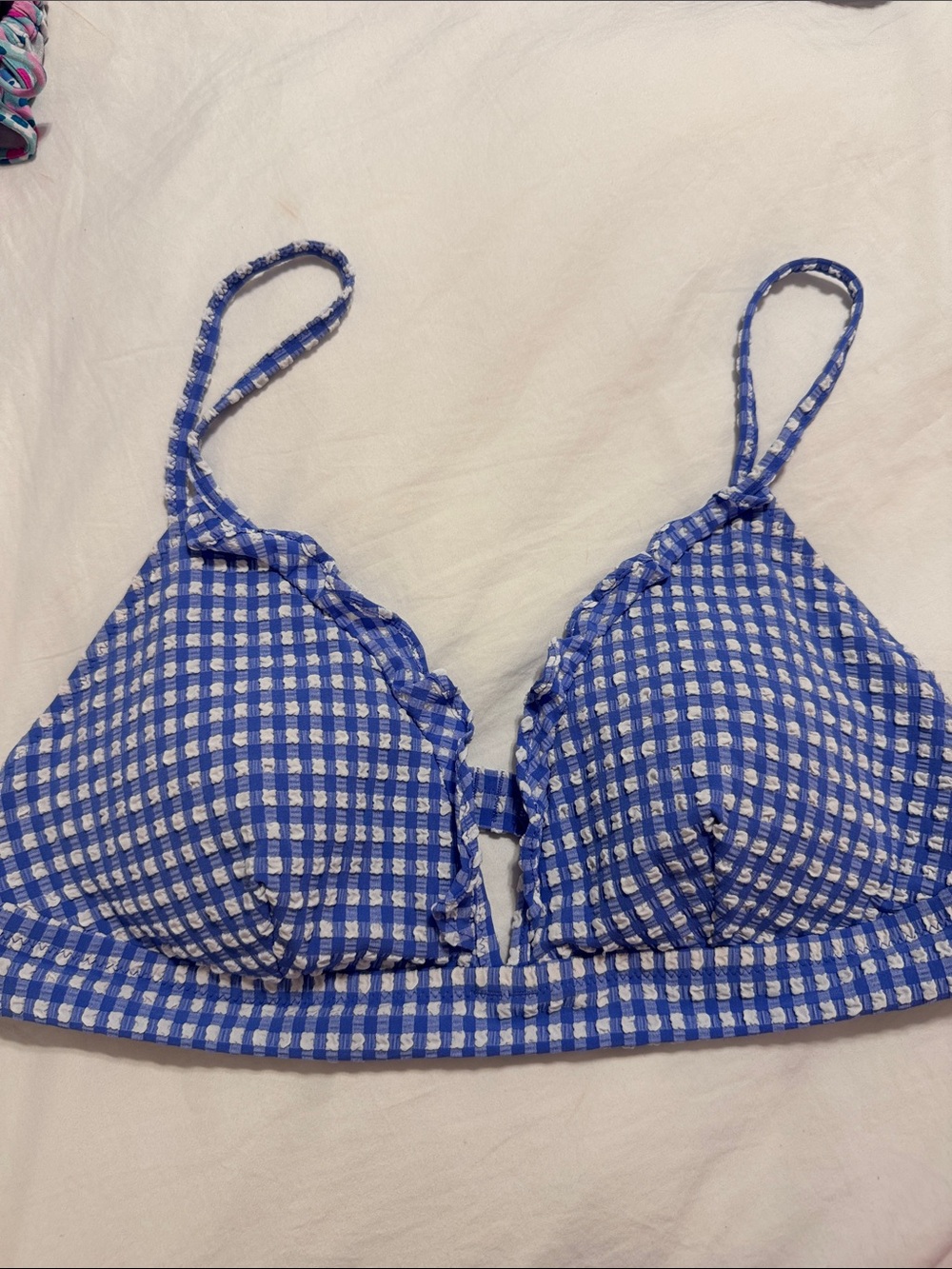 J. Crew Blue seersucker Ruffle Bikini top